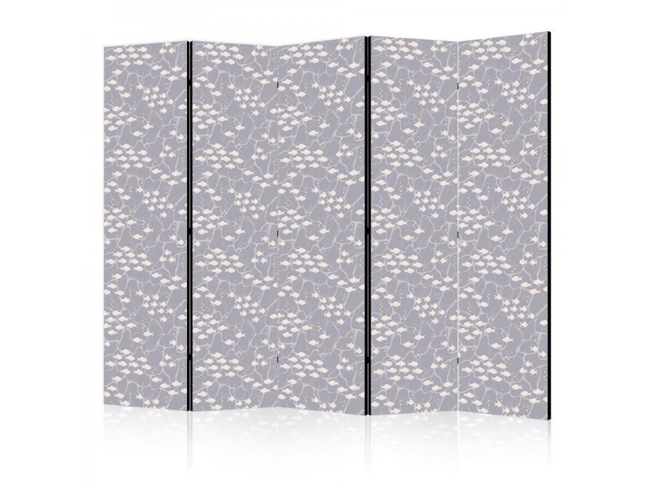 Paravent - Underwater School of Small Fish - Tiny Light-Beige Fishes Against Marine Depths in Grey Shades