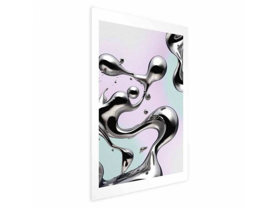 Poster - Metallic Fluidity - abstract silver forms on a mint-purple background