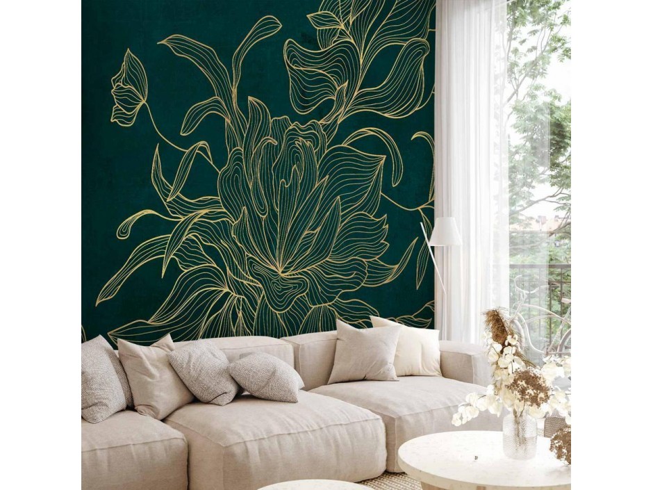 Papier peint - Green boudoir - linear drawing of a flower in golden colours on a dark background