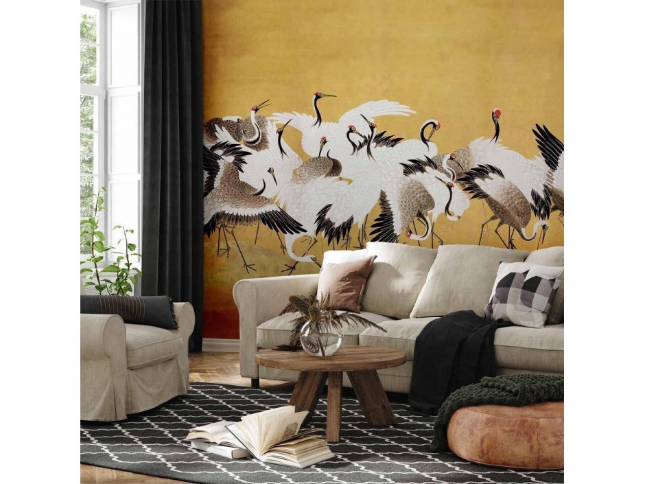 Papier peint - Japanese cranes - a flock of birds against a golden background based on a painting by Ishida Yūtei