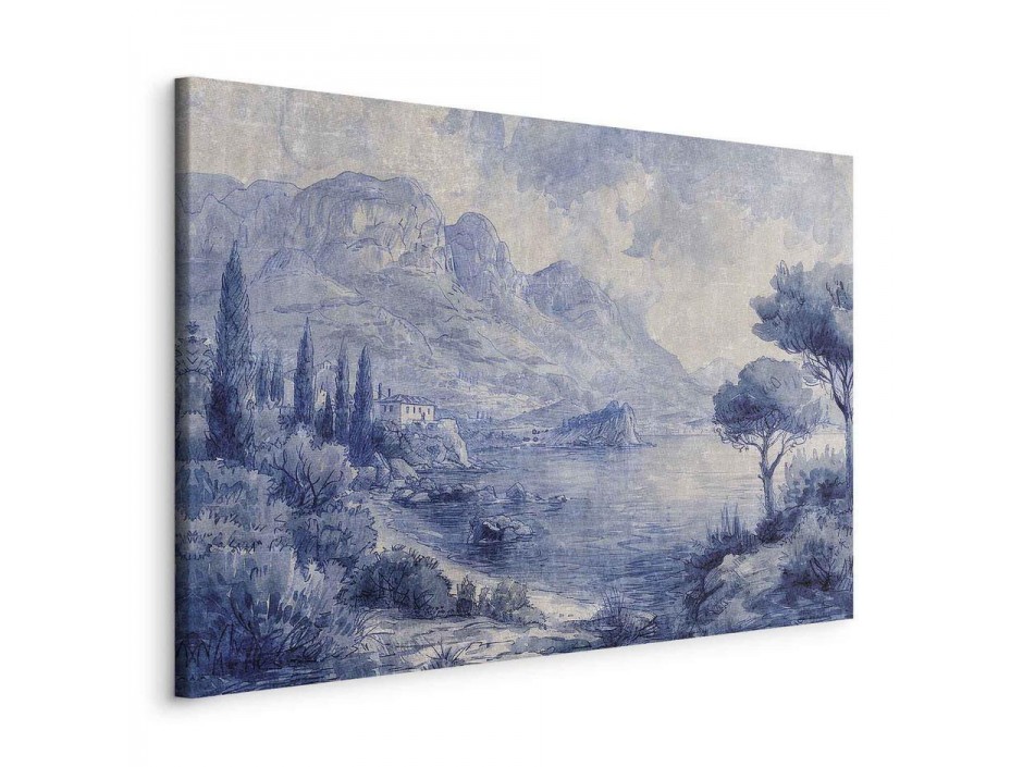 Tableau - Blue Bay - Italian landscape of Lake Como painted with blue ink