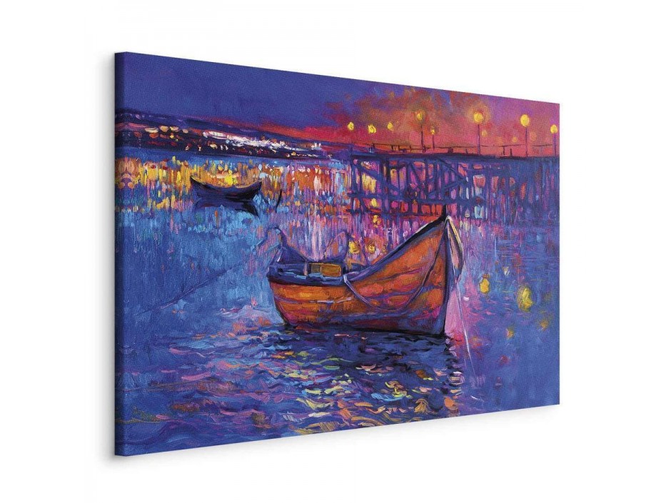 Tableau - Modern impressionism - night landscape of a lake with a floating boat