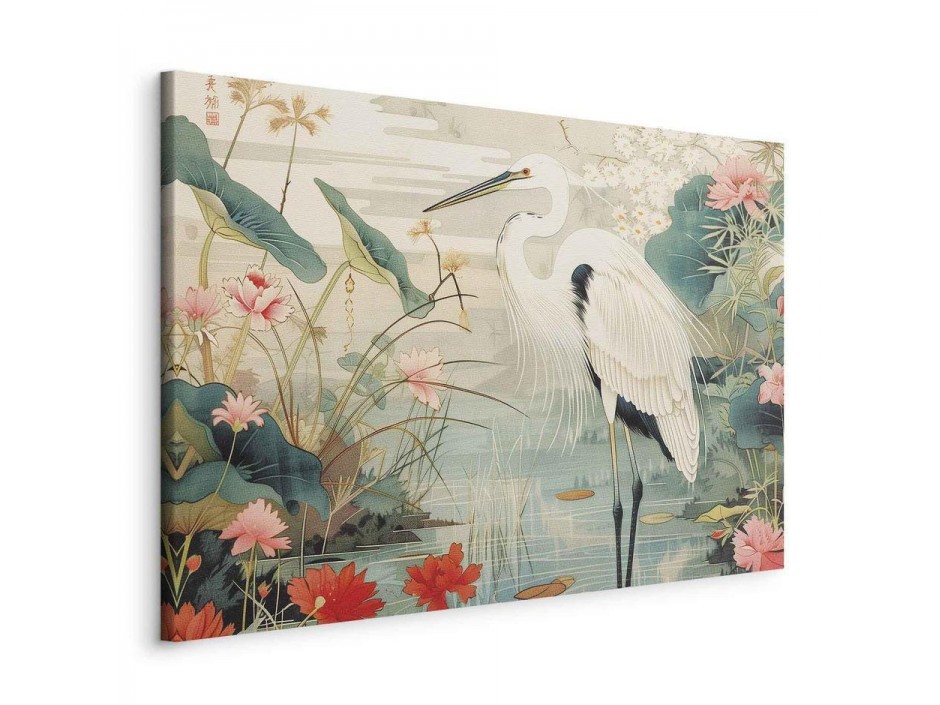 Tableau - By an Asian pond - an illustration in the style of a Japanese engraving, depicting a heron