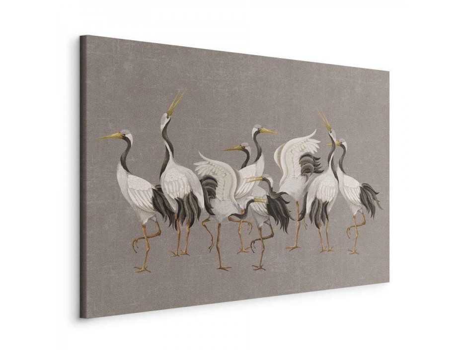 Tableau - Crane dance – bright silhouettes of birds against a warm grey background with texture