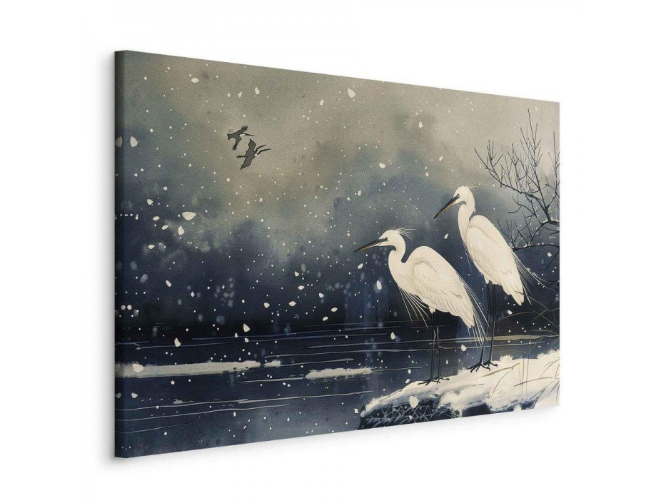 Tableau - Herons over a winter pond - Japanese-style illustration in dark colours