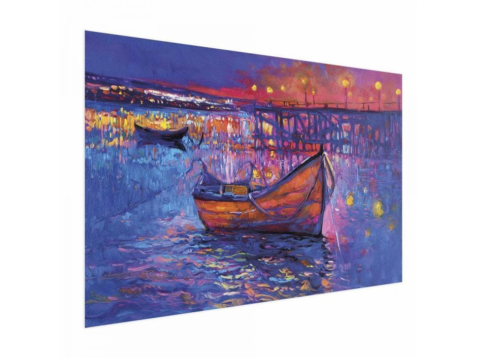 Poster - Modern impressionism - night landscape of a lake with a floating boat