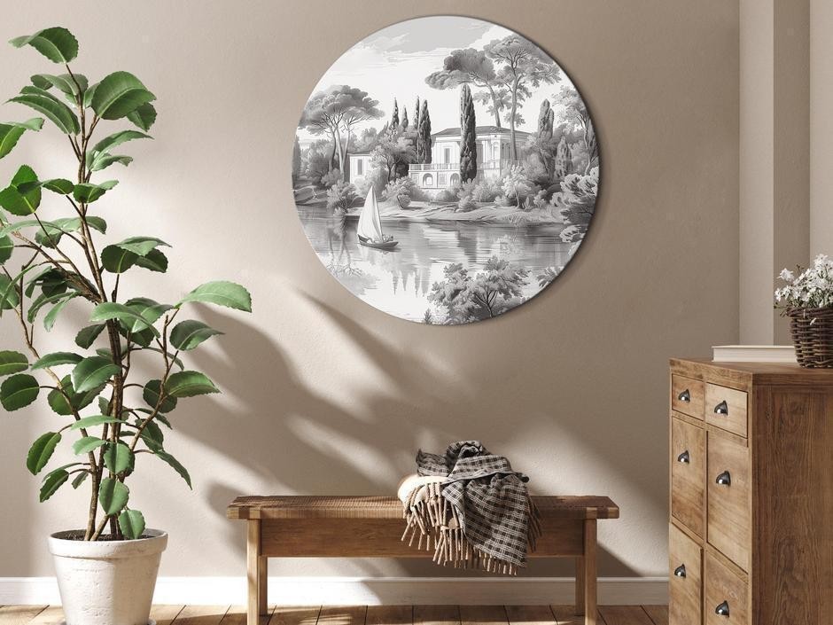 Tableau rond - Black and white vintage landscape with a pond