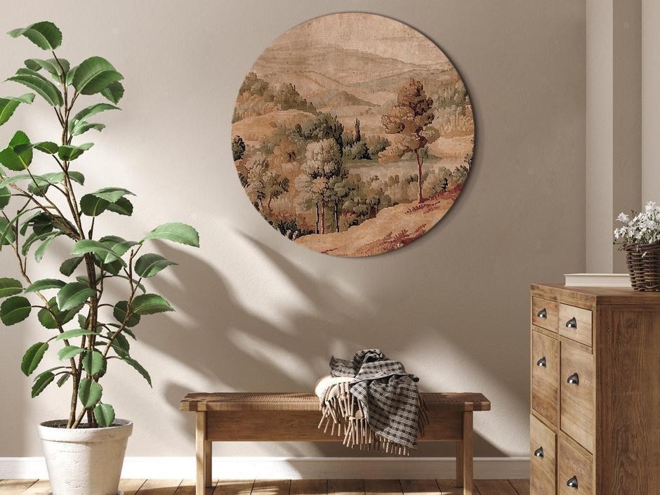 Tableau rond - Mediterranean landscape - old tapestry with a hill and a lake