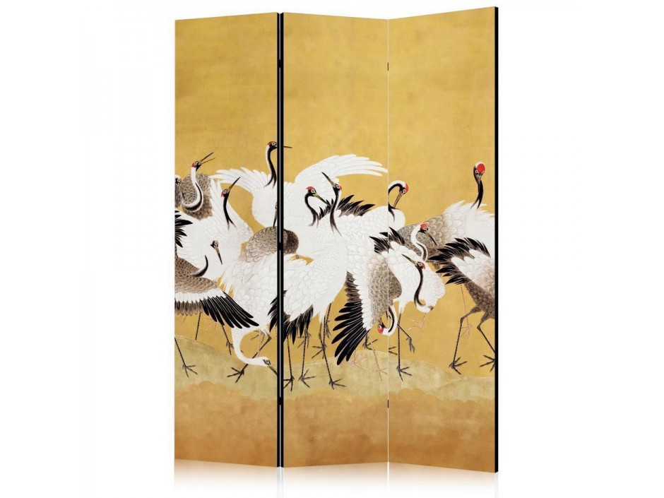 Paravent - Japanese cranes - a flock of birds against a golden background based on a painting by Ishida Yūtei