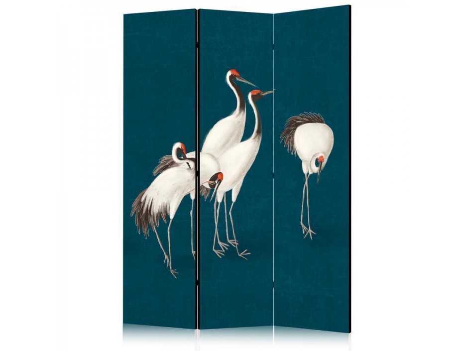 Paravent - Evening by the pond - a group of cranes drawn with dry pastels on a dark turquoise background