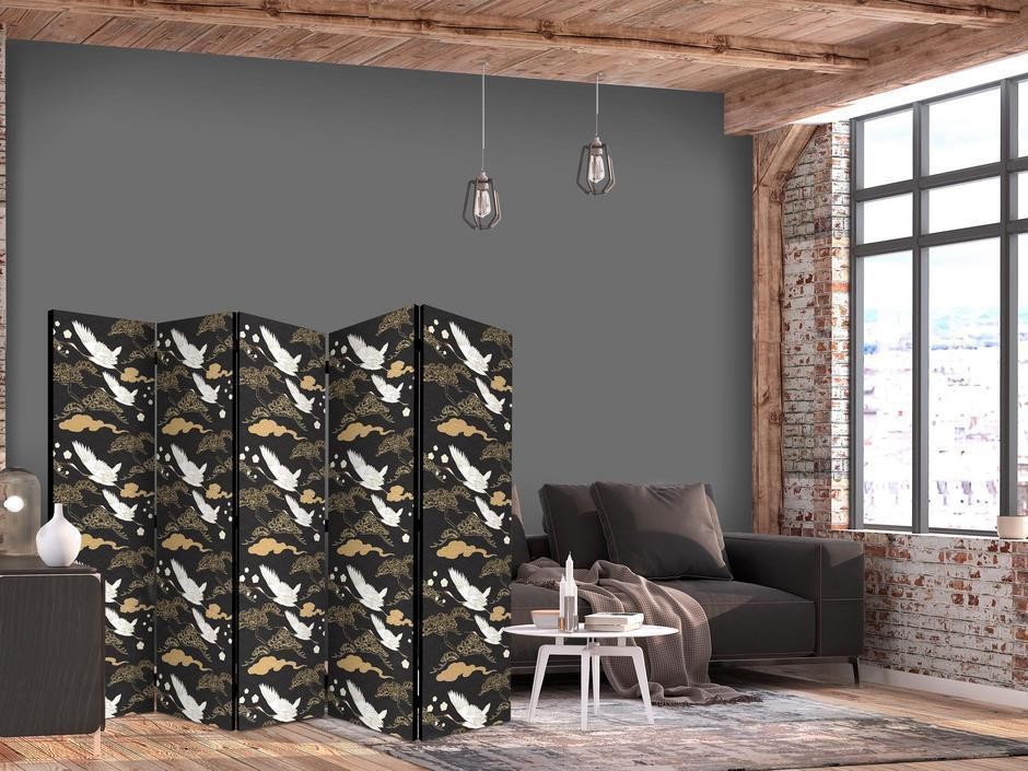 Paravent - Oriental impressions - decorative pattern with a motif of flying cranes on a dark background