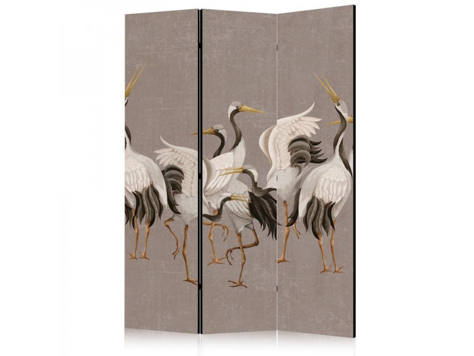 Paravent - Crane dance - bright silhouettes of birds on a warm grey background with texture
