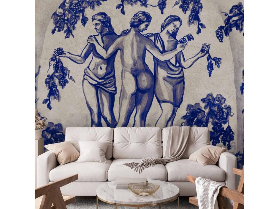 Papier peint - Ancient vineyard - three women in a portal painted with blue ink