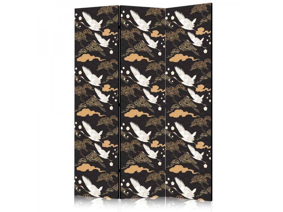 Paravent - Oriental impressions - decorative pattern with a motif of flying cranes on a dark background