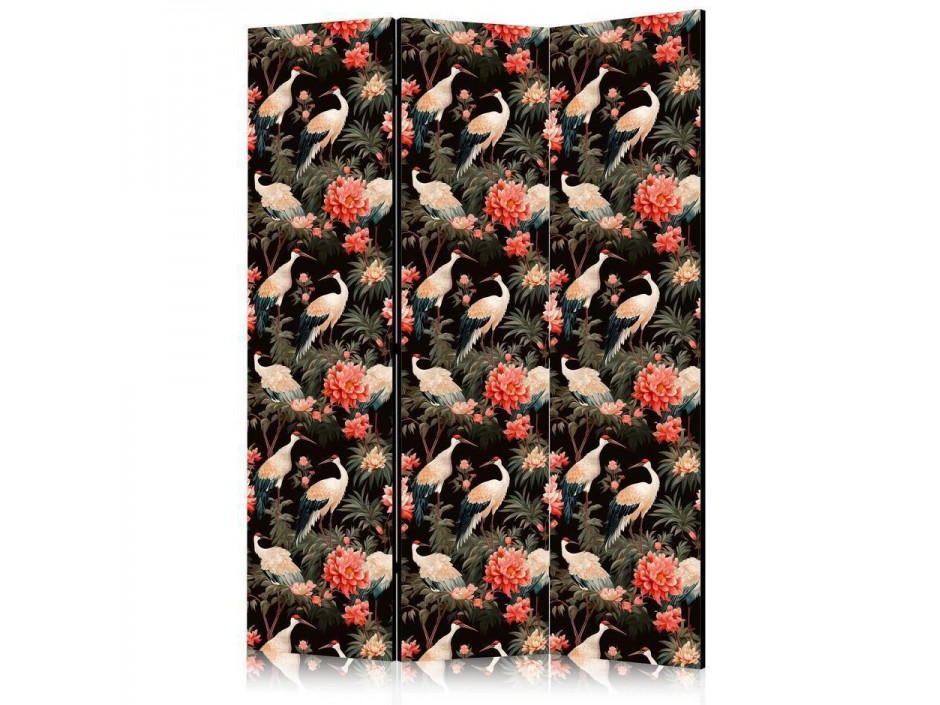 Paravent - Ornament with birds - silhouettes of cranes and peony flowers on a dark background