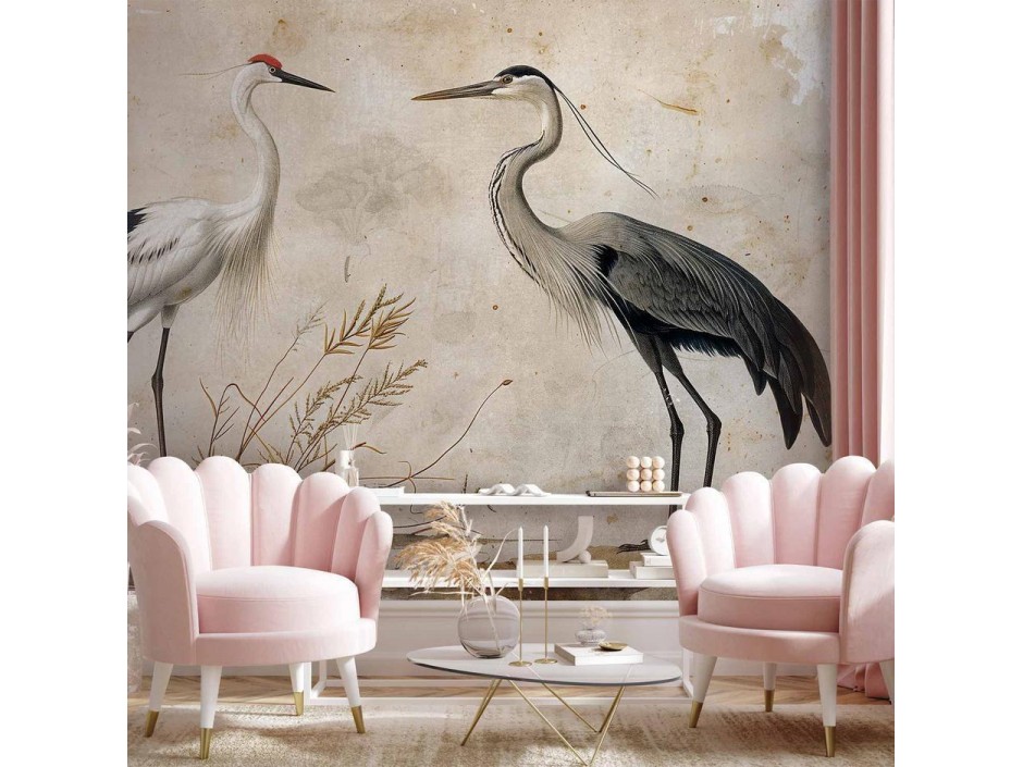Papier peint - Birds from an old engraving - vintage-style illustration depicting a heron and a crane