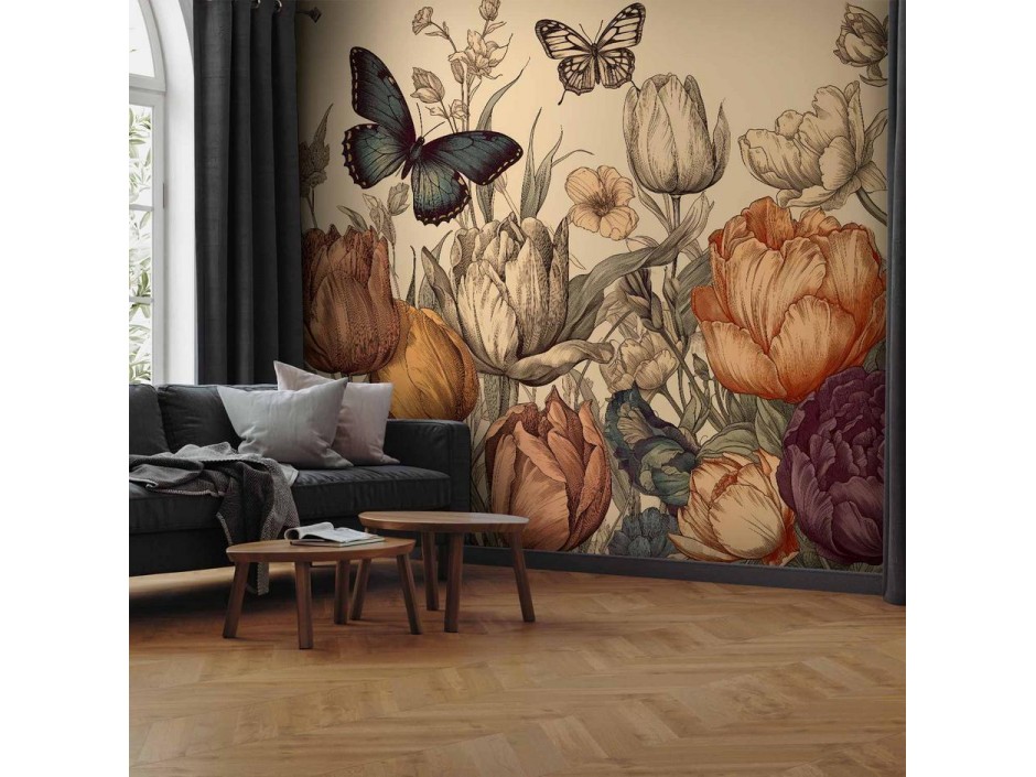 Papier peint - Colourful tulips on a cream background