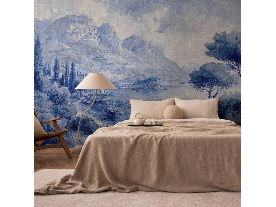 Papier peint - Blue Bay - Italian landscape of Lake Como painted with blue ink