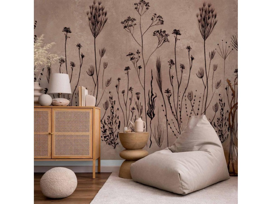 Papier peint - Wildflowers – black plants on lime-wash background