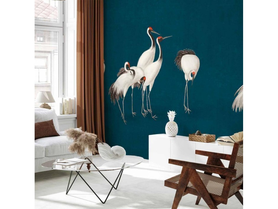 Papier peint - Evening by the pond - a group of cranes drawn in dry pastel on a dark turquoise background