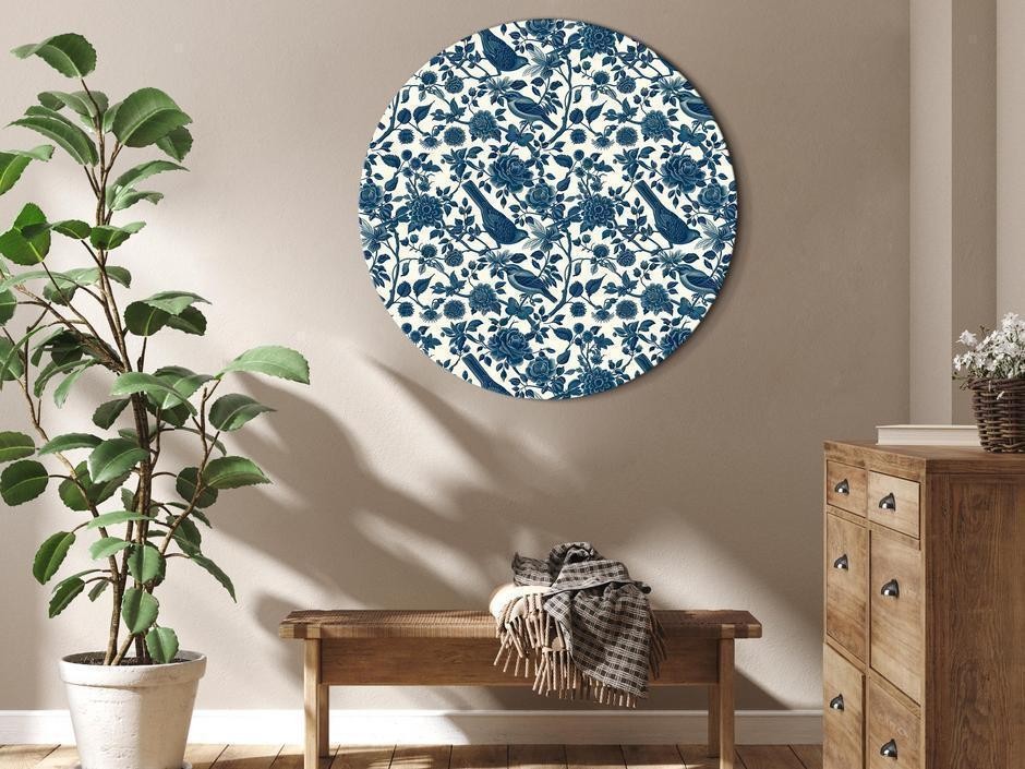 Tableau rond - Birds and roses - monochrome blue pattern with botanical motif
