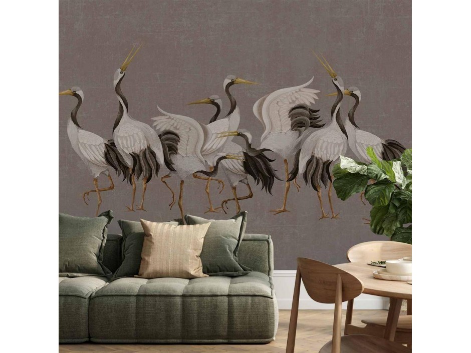 Papier peint - Crane dance – bright silhouettes of birds against a warm grey background with texture