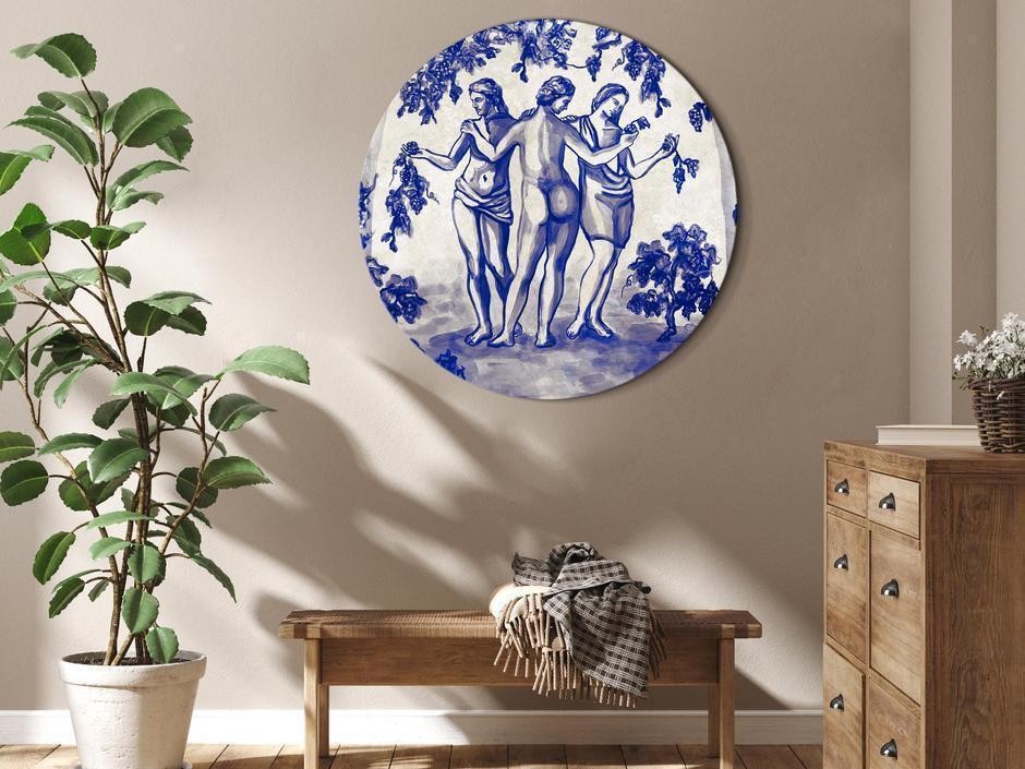 Tableau rond - Ancient vineyard - three women in a portal painted with blue ink