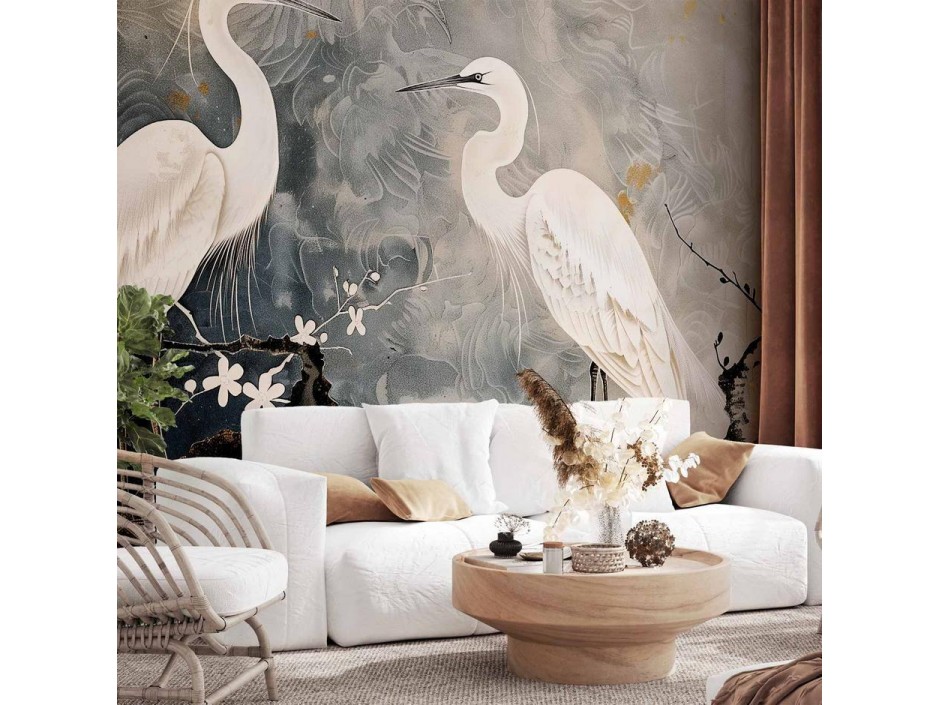 Papier peint - Herons and cherry blossoms - oriental-style illustration depicting birds