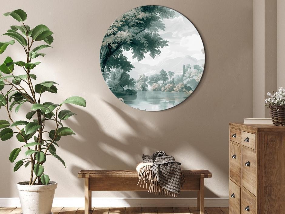 Tableau rond - Landscape with a park and lake in retro greens