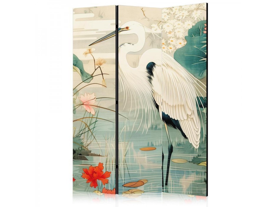 Paravent - By an Asian pond - an illustration in the style of a Japanese engraving, depicting a heron