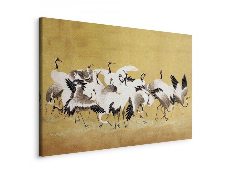 Tableau - Japanese cranes - a flock of birds against a golden background based on a painting by Ishida Yūtei