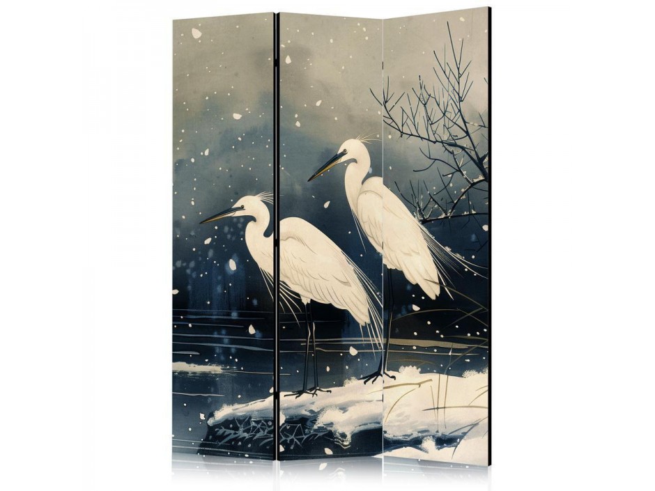 Paravent - Herons over a winter pond - Japanese-style illustration in dark colours