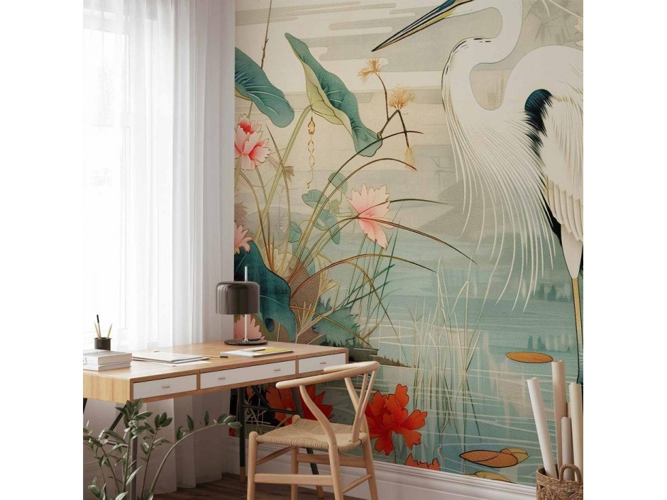 Papier peint - By an Asian pond - an illustration in the style of a Japanese engraving, depicting a heron