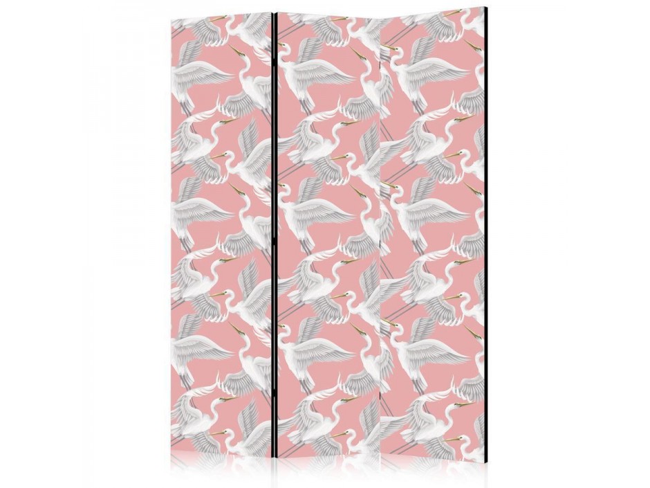 Paravent - Pastel birds - a delicate pattern of white and grey herons on a light pink background