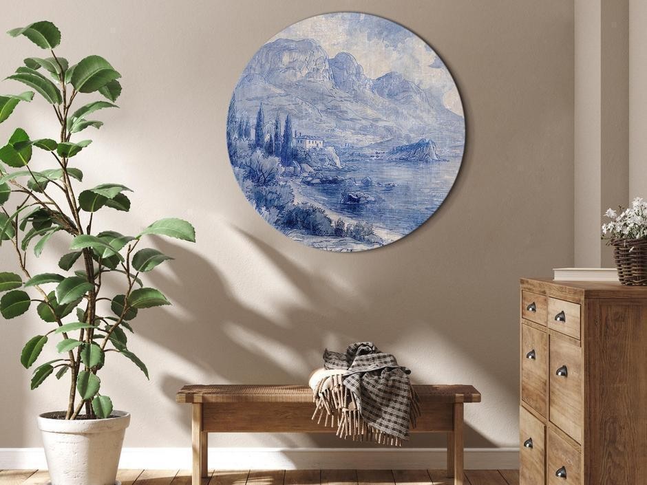 Tableau rond - Blue bay - Italian landscape of Lake Como painted with blue ink