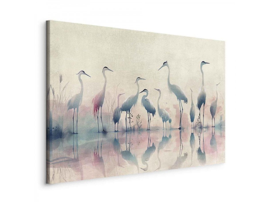Tableau - Birds by the lake - herons painted in watercolour in delicate grey and pink colours