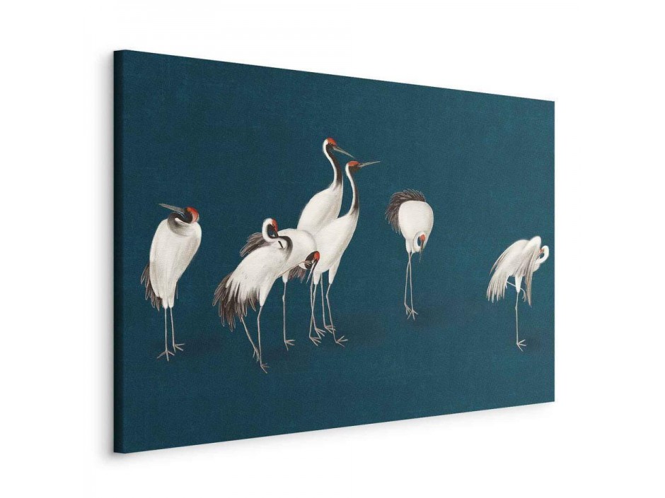 Tableau - Evening by the pond - a group of cranes drawn in dry pastel on a dark turquoise background