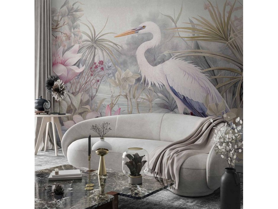 Papier peint - Heron wading in a pond - illustration in bright colours