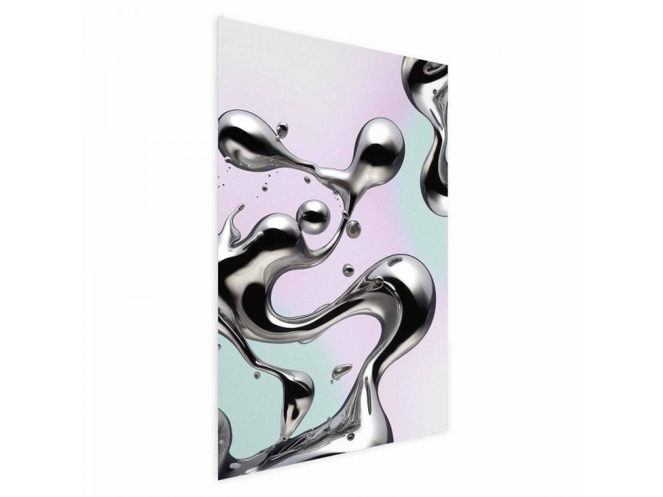 Poster - Metallic Fluidity - abstract silver forms on a mint-purple background