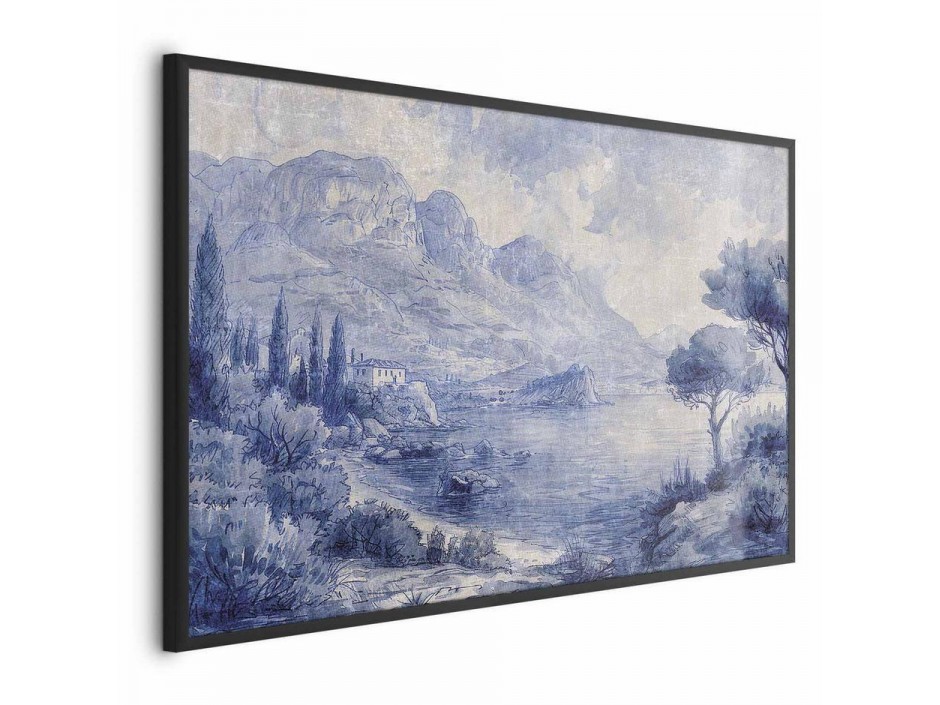 Poster - Blue Bay - Italian Landscape of Lake Como Painted in Blue Ink
