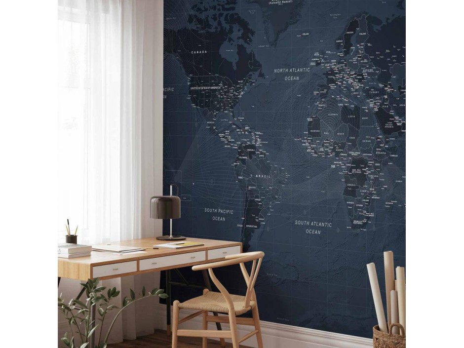 Papier peint - World map in blue - continents with inscriptions in English