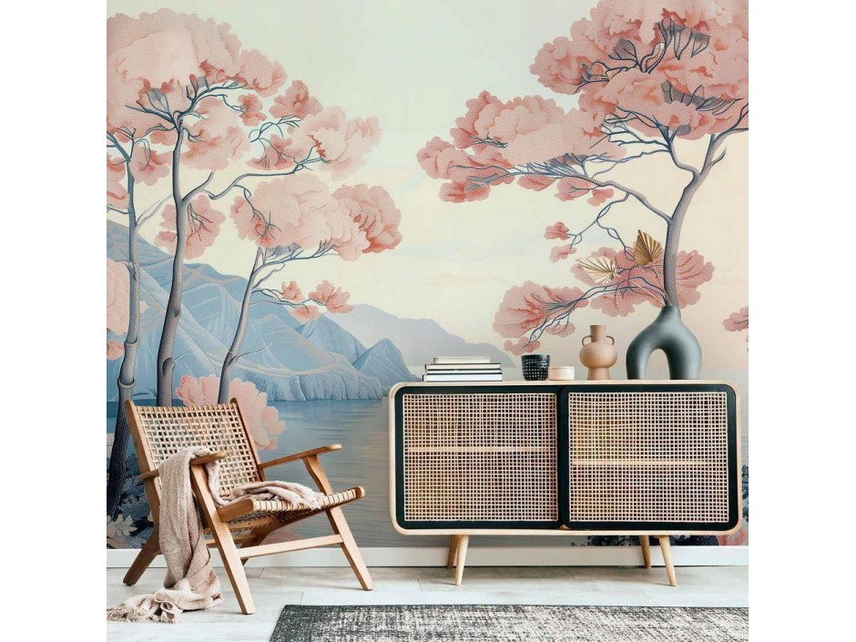Papier peint - Landscape with the Ocean Cliffs and Trees in Delicate Pink Shades