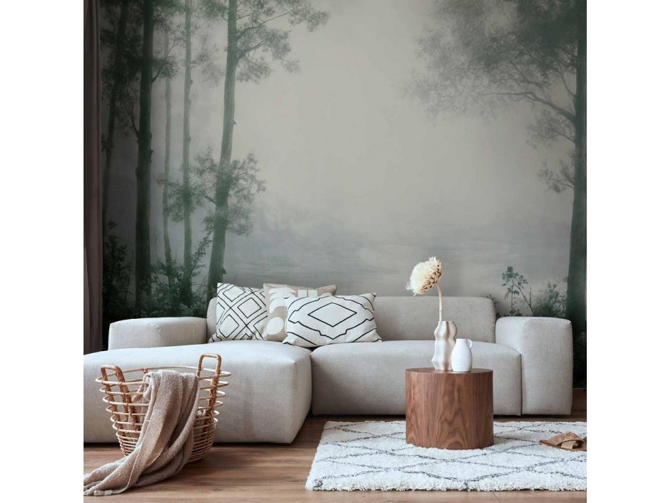 Papier peint - Retro Landscape - Grove Trees and Pond in Patinated Shades of Green