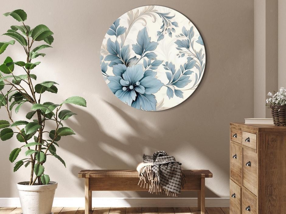 Tableau rond - Turquoise Flowers in Retro Ambience Floristic Ornaments