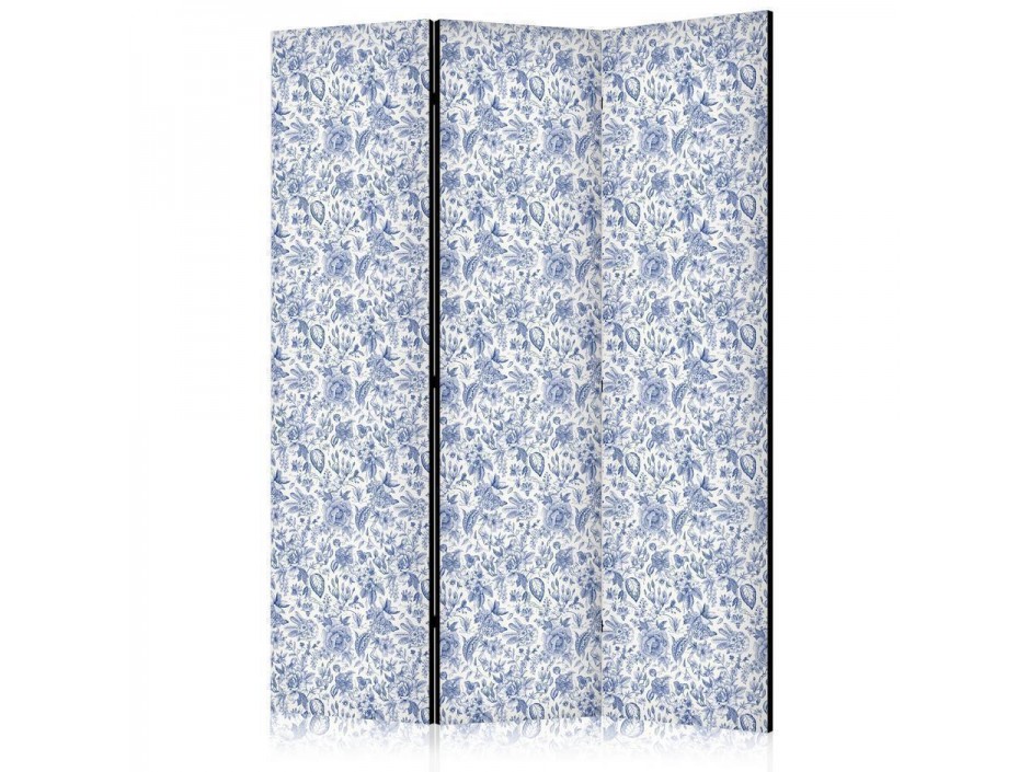 Paravent - Illustration in Vintage Style - Blue Flowers on a White Background