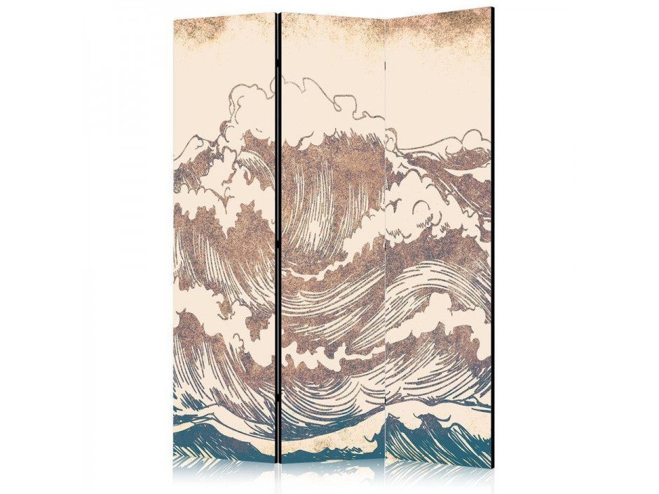 Paravent - Stormy Ocean - High Waves in Brown and Navy Colors on a Beige Background in Vintage Style