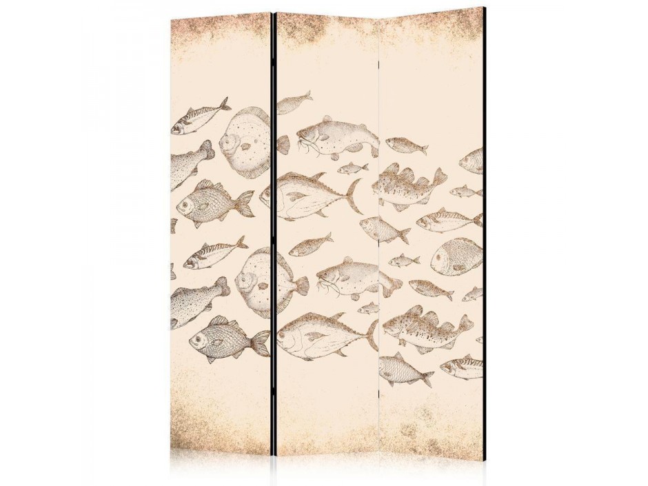 Paravent - Sketch of a Fish School - Sketches of Various Fish Species Swimming in a School on a Beige Background in Vint