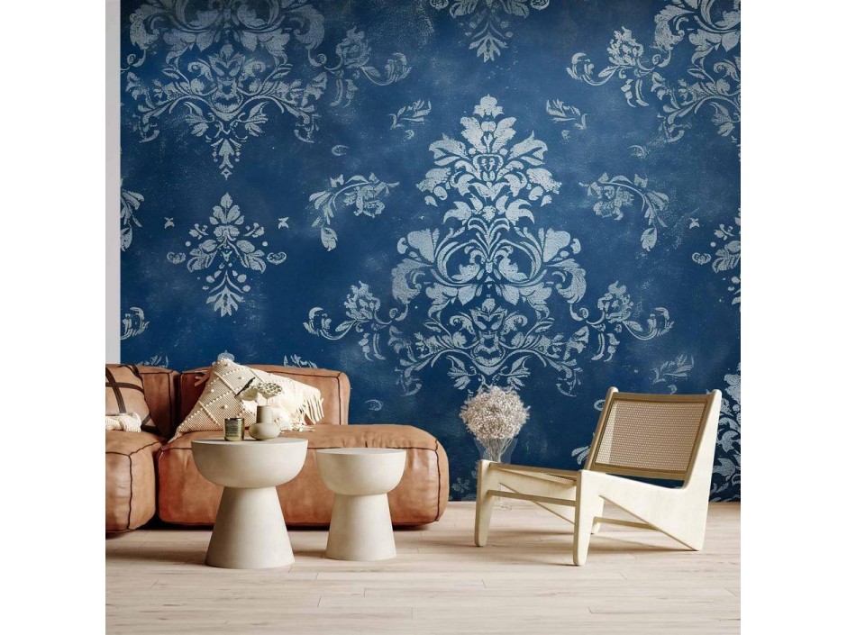 Papier peint - Retro Ornament Decorative Motif in Worn Blues