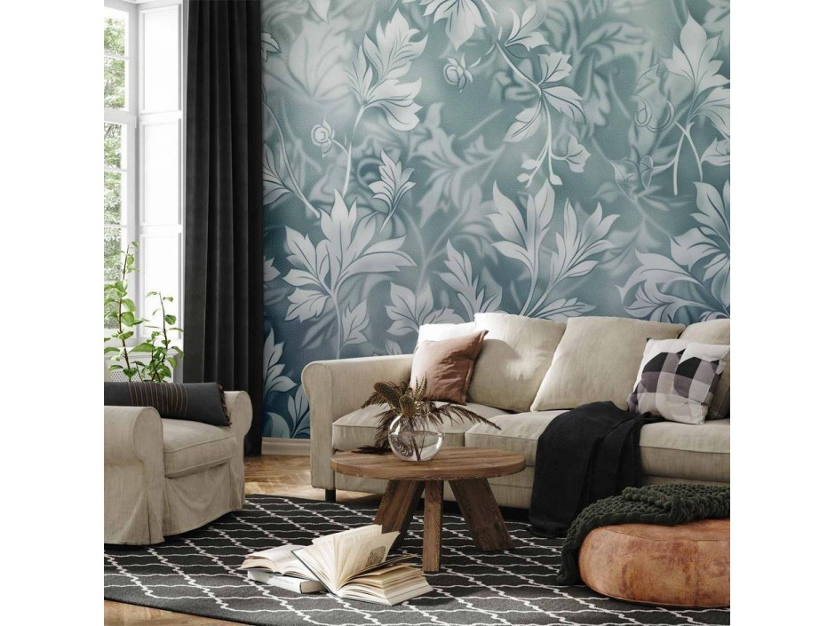 Papier peint - Ornaments in Worn Muted Turquoises: Delicate Plant Pattern