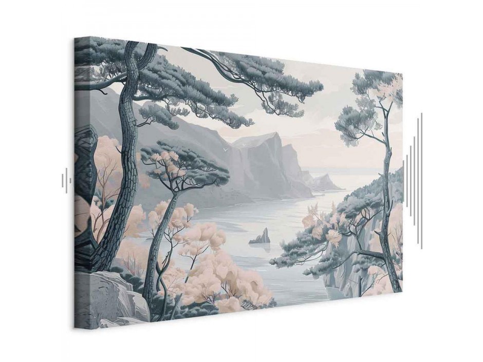 Tableau - Mountainous Coast with Trees and Rocks in Light Pastel Blues